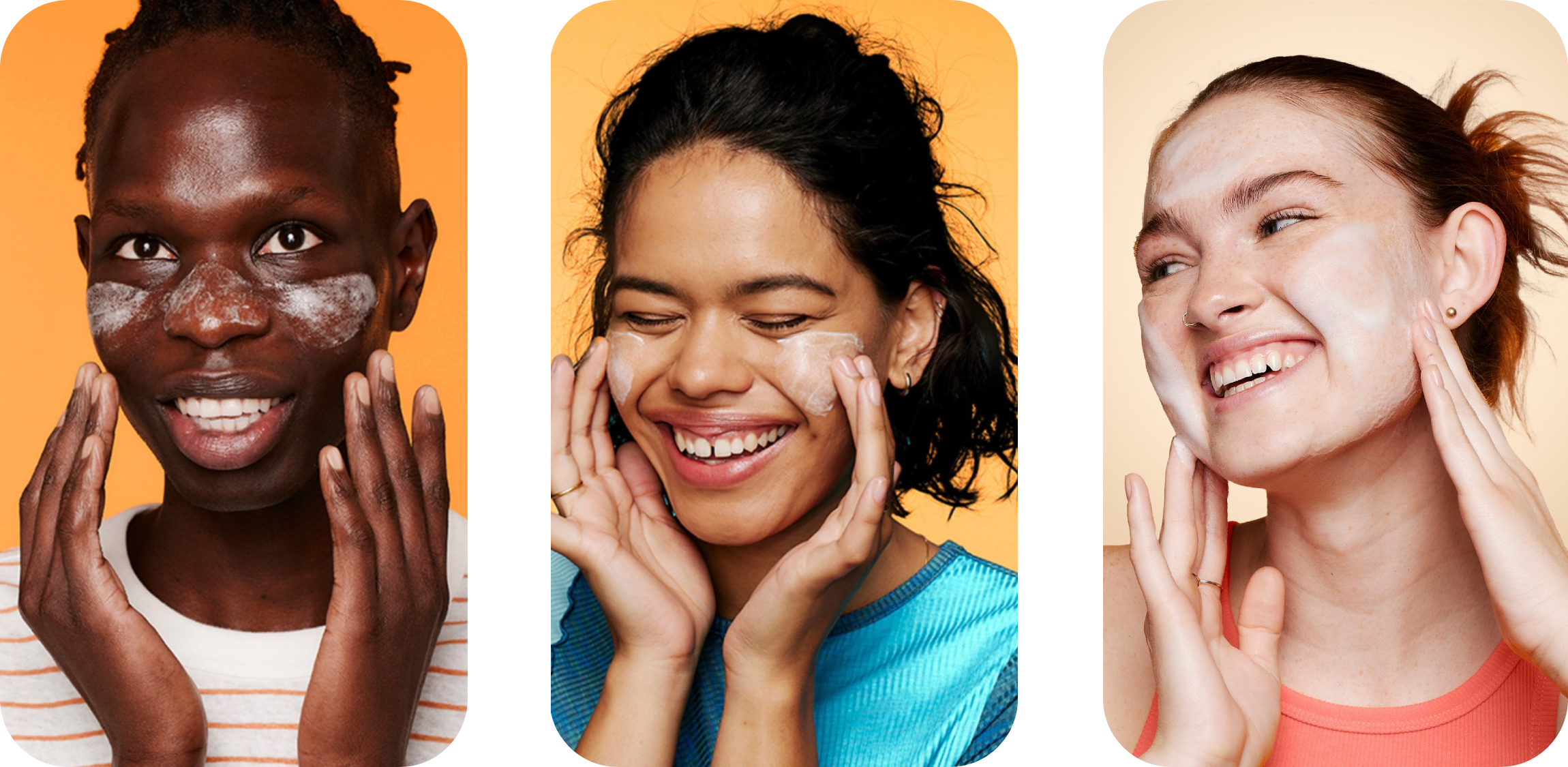 Three diverse people applying skincare products, illustrating skincare basics.