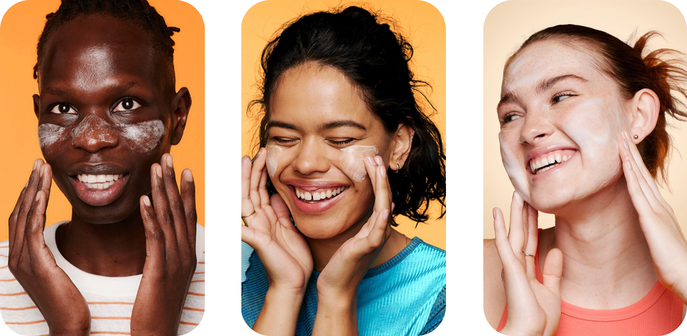 Three people apply facial cream, smiling and gently massaging their cheeks. The background is a warm gradient of orange and peach, creating a bright, cheerful atmosphere.