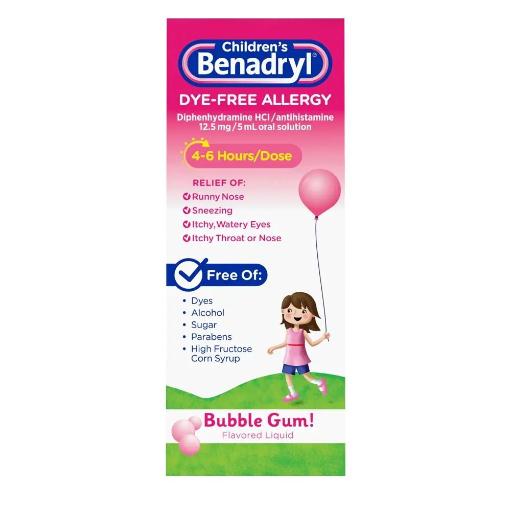 Children’s BENADRYL® Dye-Free Allergy Liquid bubble gum flavor 4 Fl. Oz package front