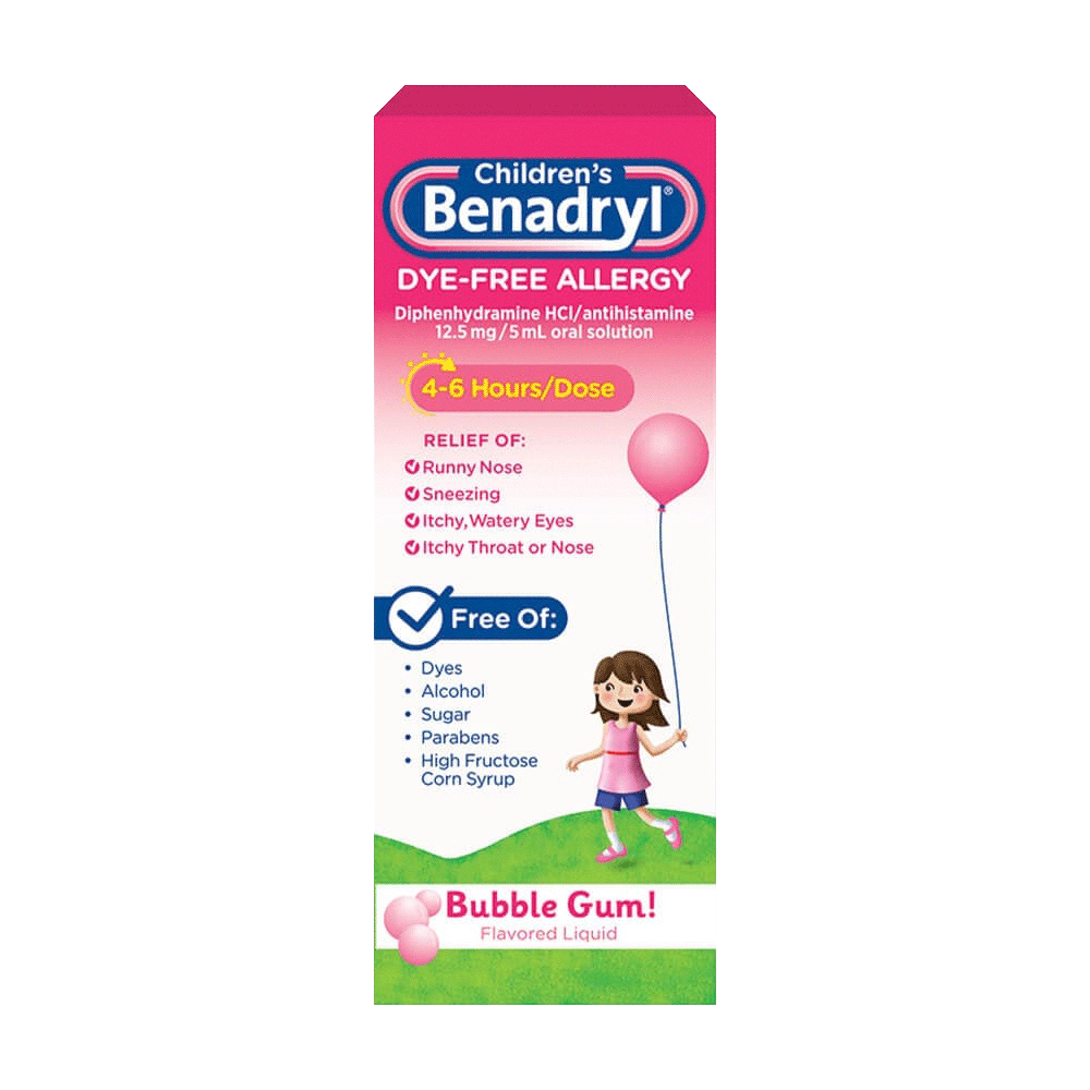 Children’s BENADRYL® Dye-Free Allergy Liquid bubble gum flavor