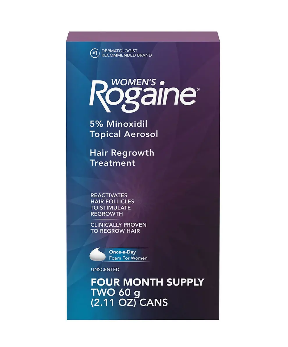 The front of a box of a two-month supple of Women's ROGAINE® 5% Minoxodil Tropical Aerosol.
