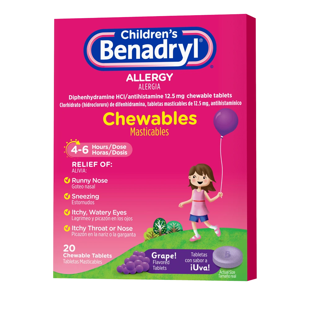 Children’s BENADRYL® Grape Flavored Chewable Tablets rotated to the side