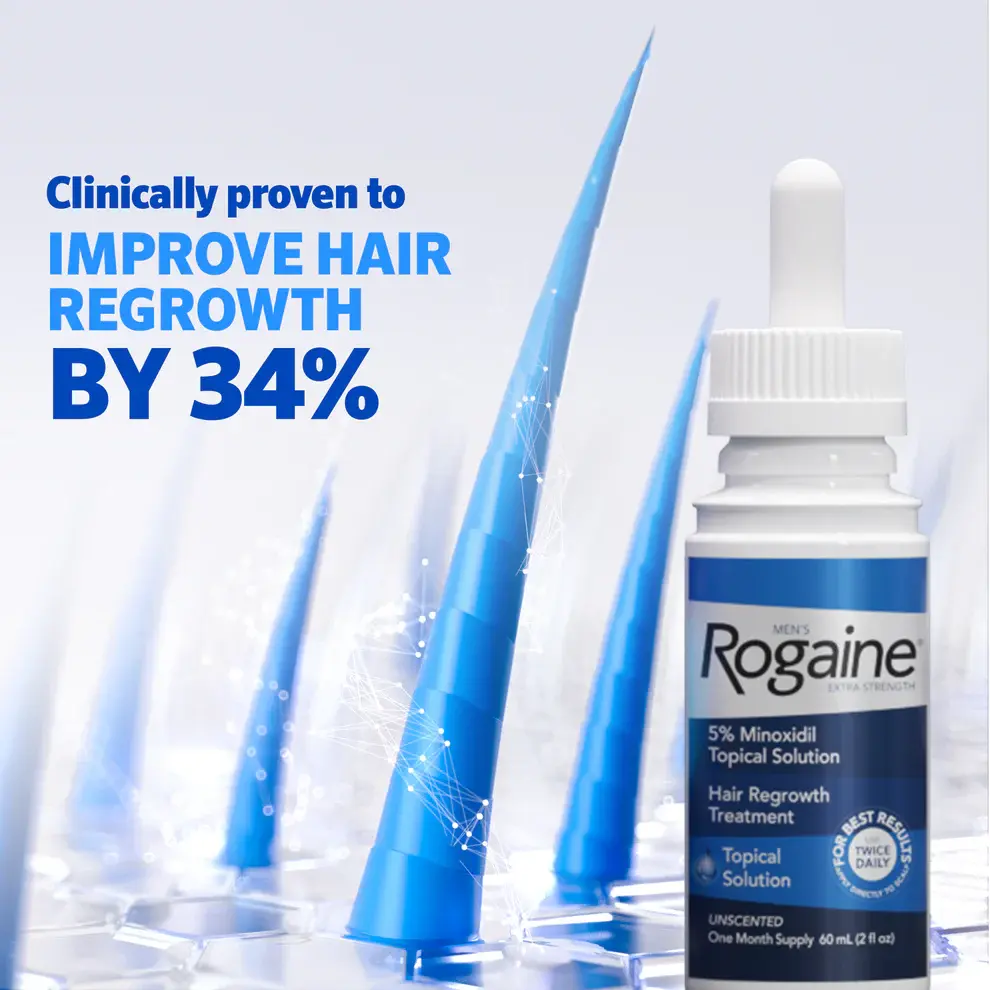 Bottle of Men’s ROGAINE® Solution and illustration of hair regrowth on a white background.