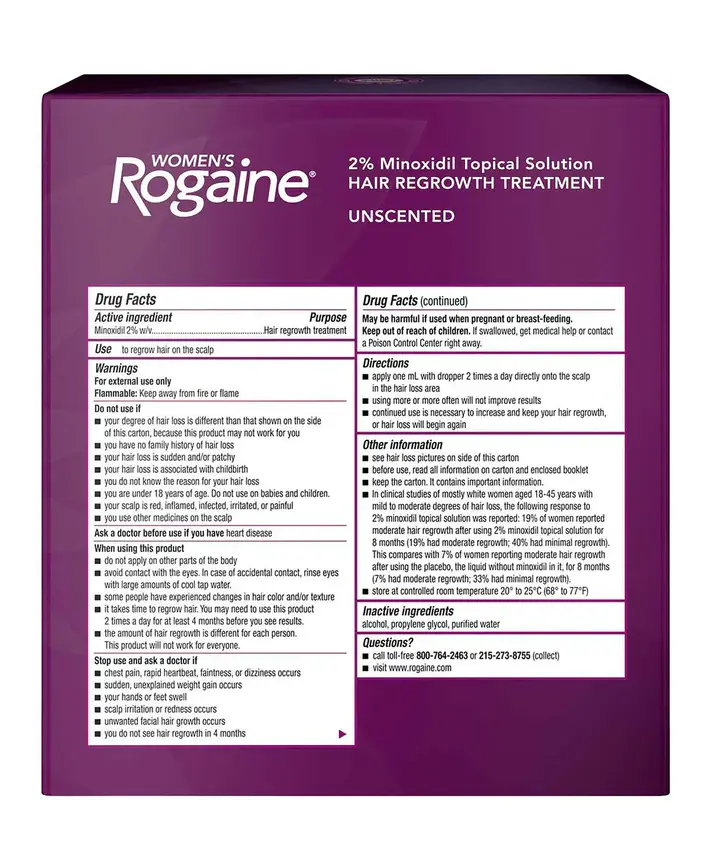 The back of a purple box of Women's ROGAINE® Topical Solution displaying the drug facts.
