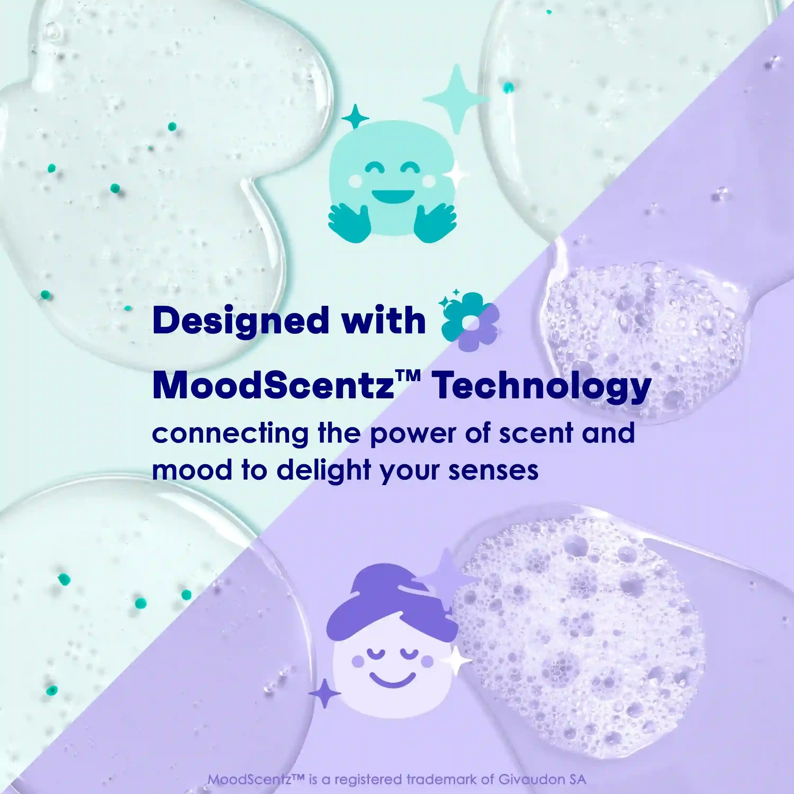 Gel textures sit atop a diagonally split pastel background. Text reads: “Designed with MoodScentz™ Technology, connecting the power of scent and mood to delight your senses.” Faces and sparkles are also depicted.