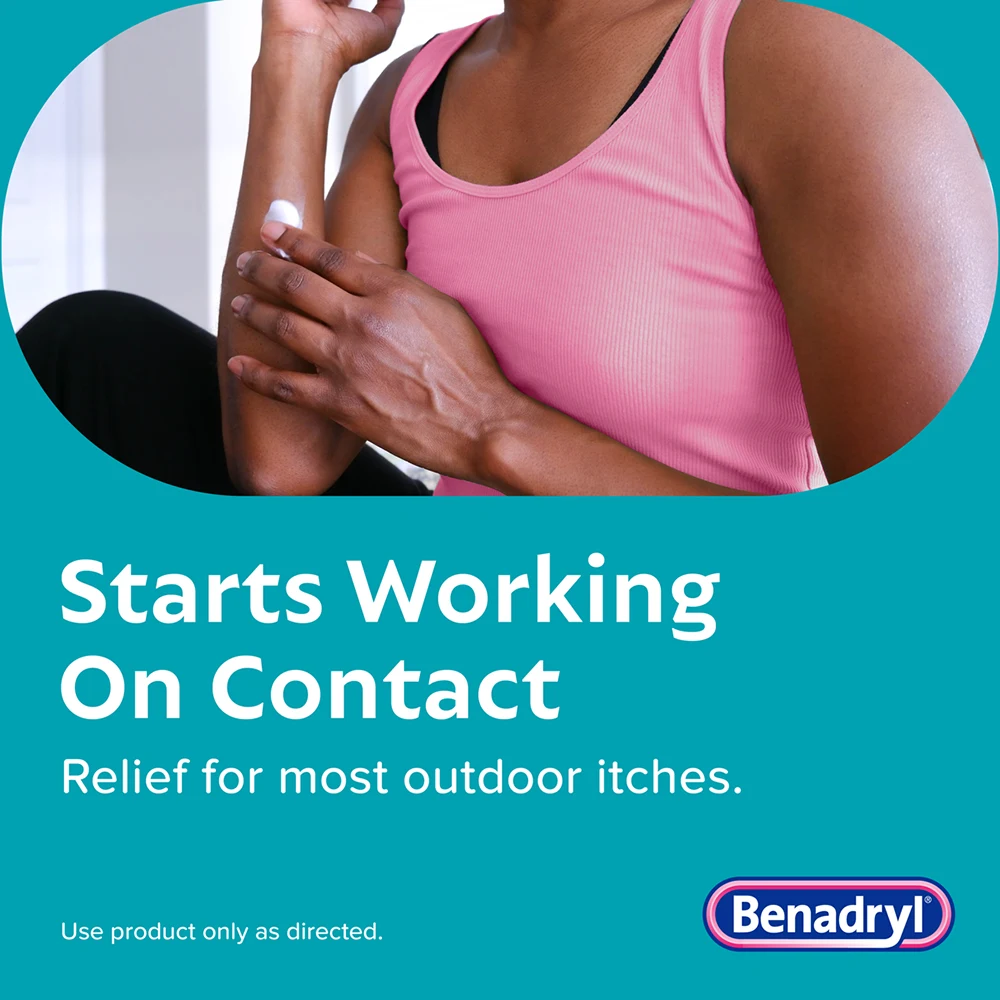 Person in a pink tank top applying cream to their arm with BENADRYL®  branding and text stating 'Starts Working On Contact. Relief for most outdoor itches. Use product only as directed.'