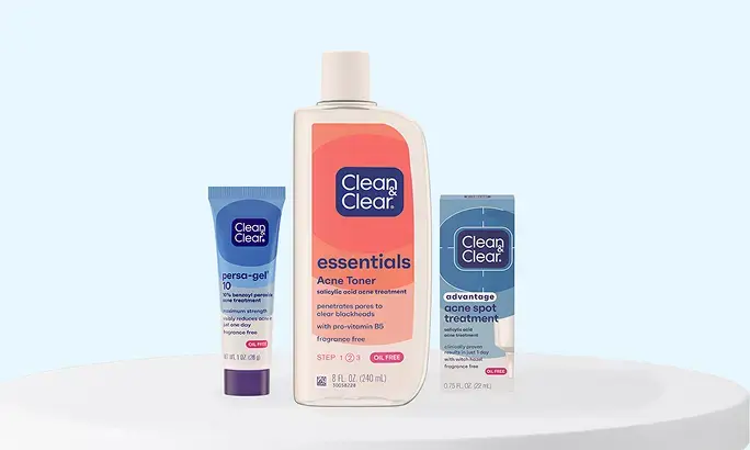 Clean & Clear® packaging of Persa-gel® 10, Essentials Acne Toner, and Acne Spot Treatment