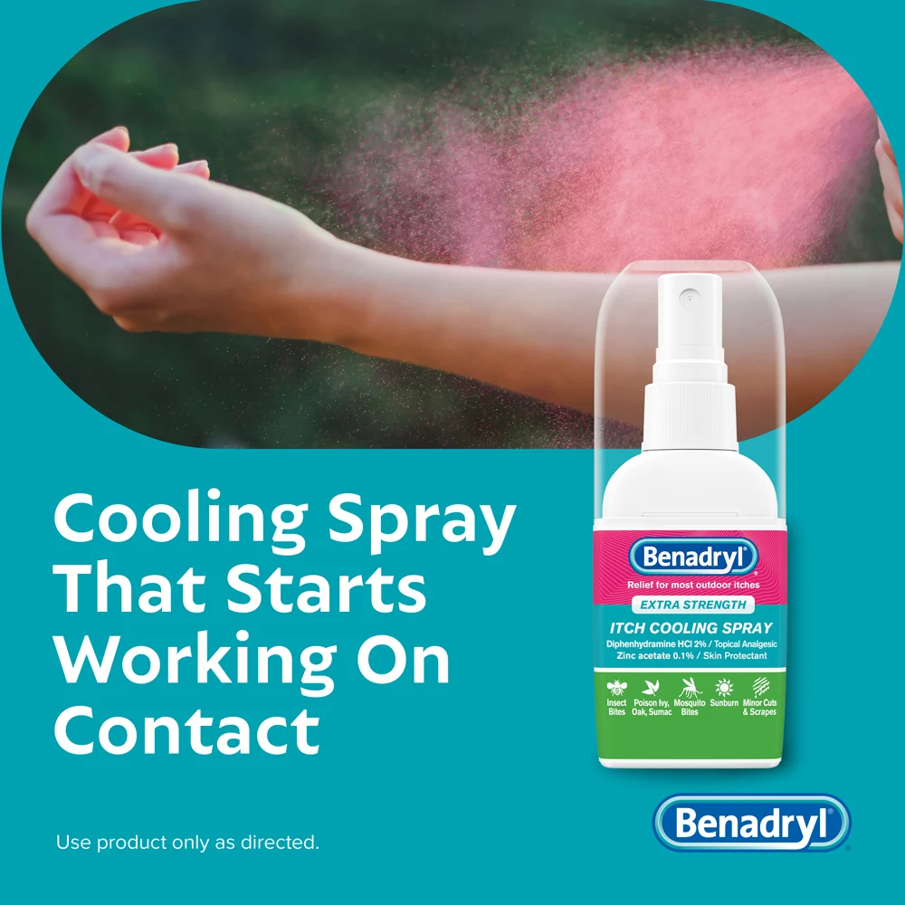 BENADRYL®  Extra Strength Itch Relief Spray bottle displayed on a white background, emphasizing its quick-acting itch relief formula.