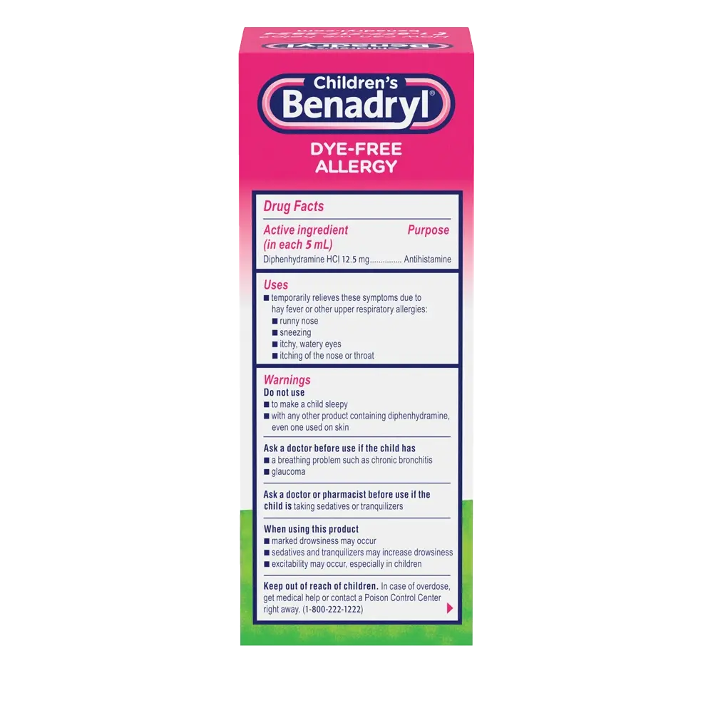 Children’s BENADRYL® Dye-Free Allergy Liquid bubble gum flavor 4 Fl. Oz Drug Facts (active ingredients, uses, and warnings)
