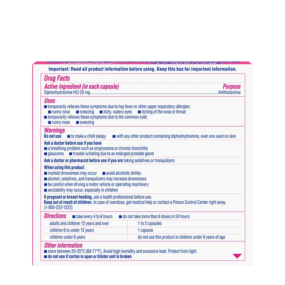 BENADRYL® Allergy Antihistamine Dye-Free LIQUI-GELS® drug facts