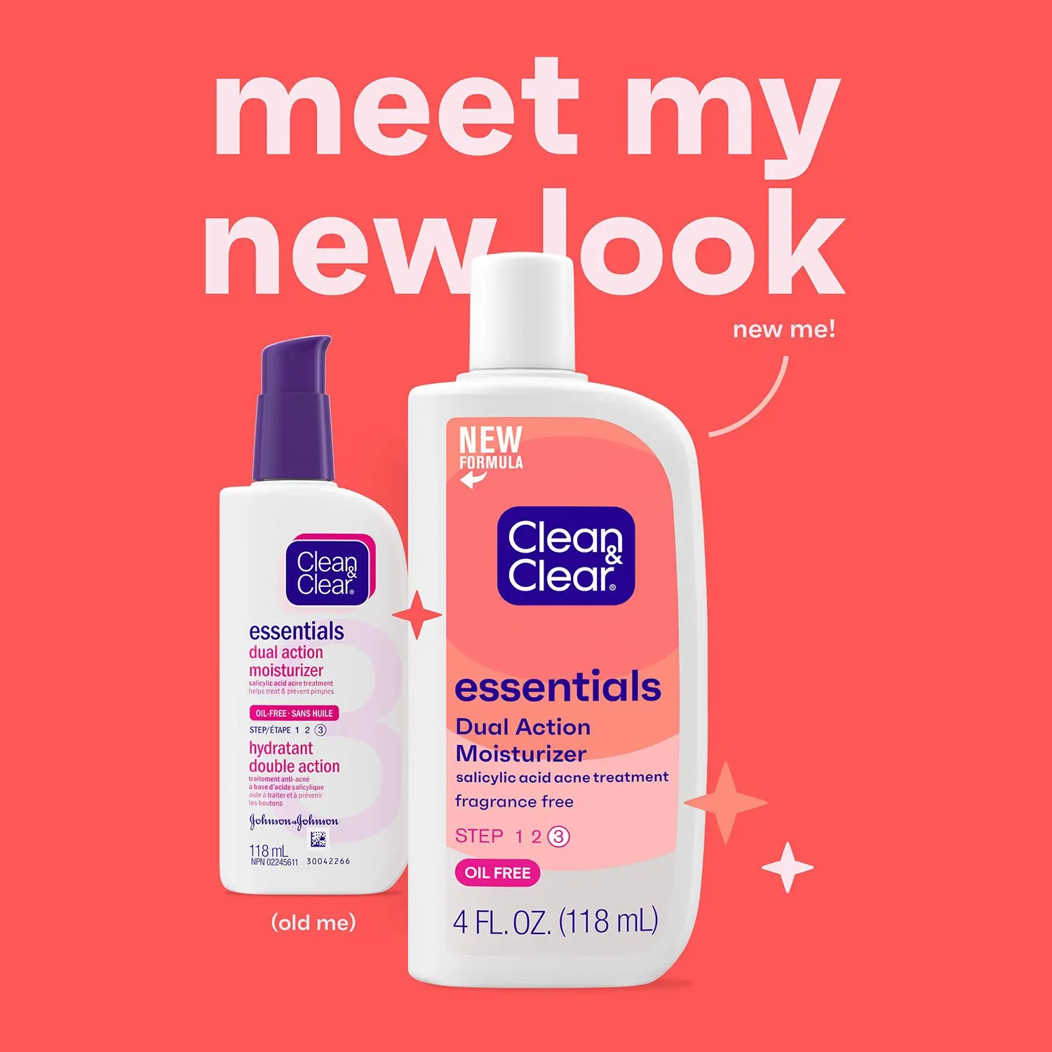 Two Clean & Clear moisturizer bottles shown against a red background. One bottle, labeled “new me,” features a new design and formula, while the other, marked “old me,” displays the previous design. Text: "meet my new look."