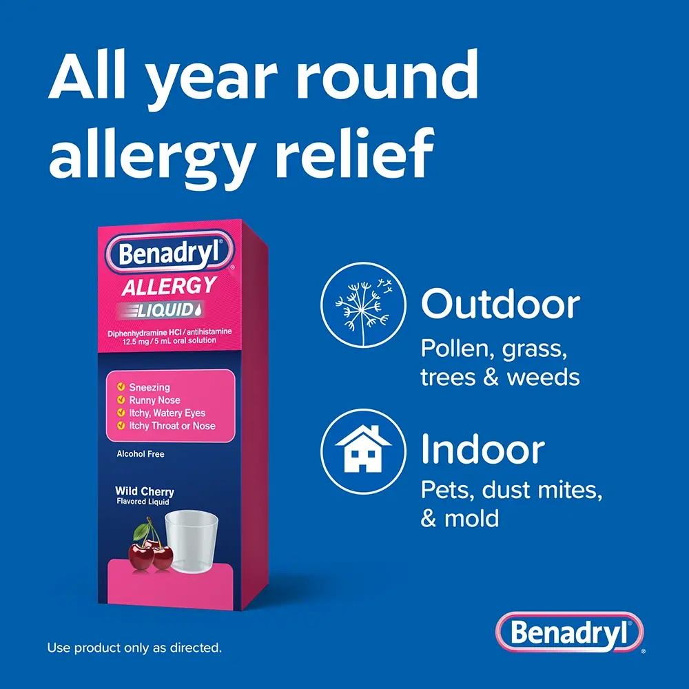 BENADRYL® Allergy Relief Liquid Medicine Wild Cherry bottle with text highlighting relief all year round for outdoor and indoor allergies.