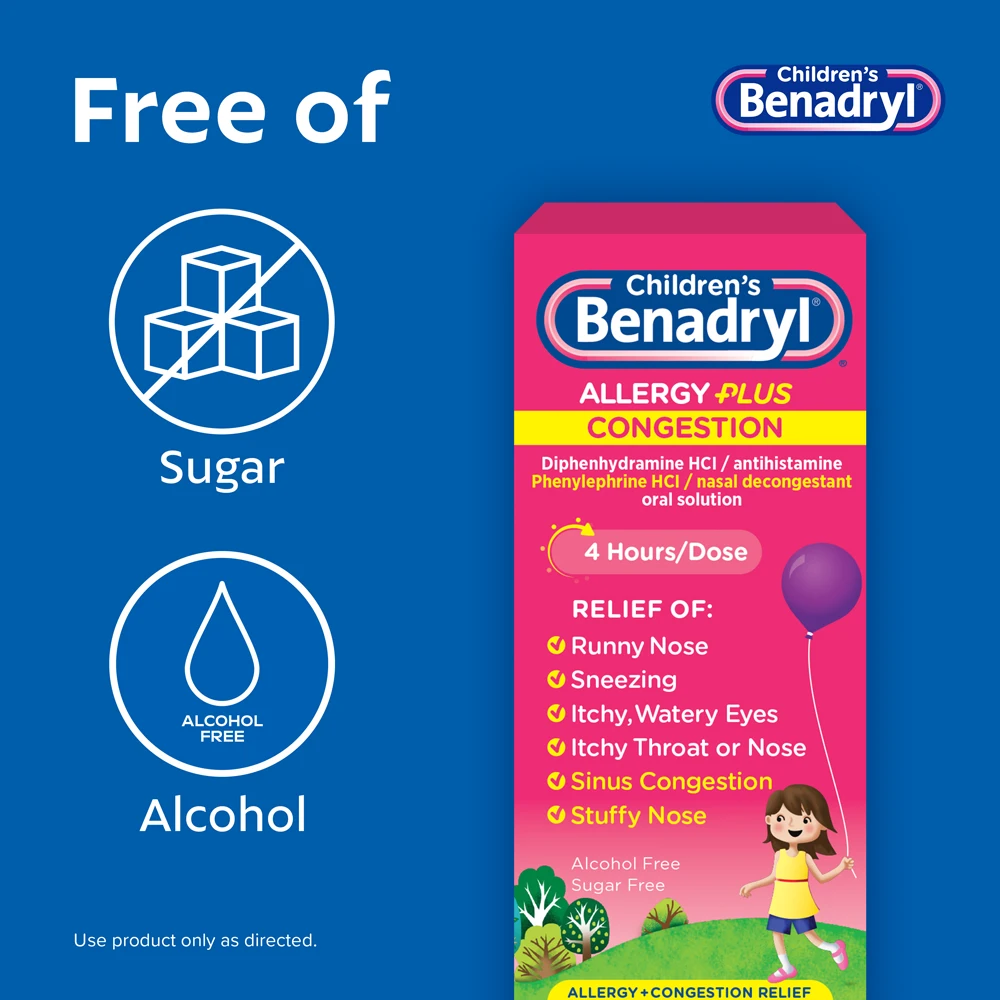 Children's BENADRYL® Allergy Plus Congestion Grape flavor package, free of sugar and alcohol, provides relief for runny nose, sneezing, itchy eyes, throat,  congestion, and stuffy nose.