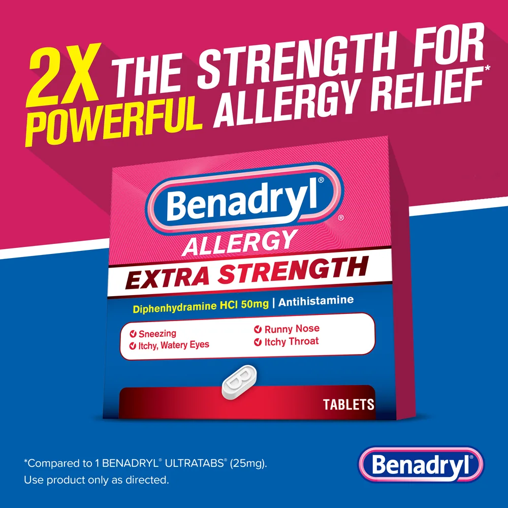 BENADRYL® Extra Strength Tablets packaging, highlighting 2X strength for powerful allergy relief, including symptoms like sneezing, runny nose, itchy throat, and watery eyes.