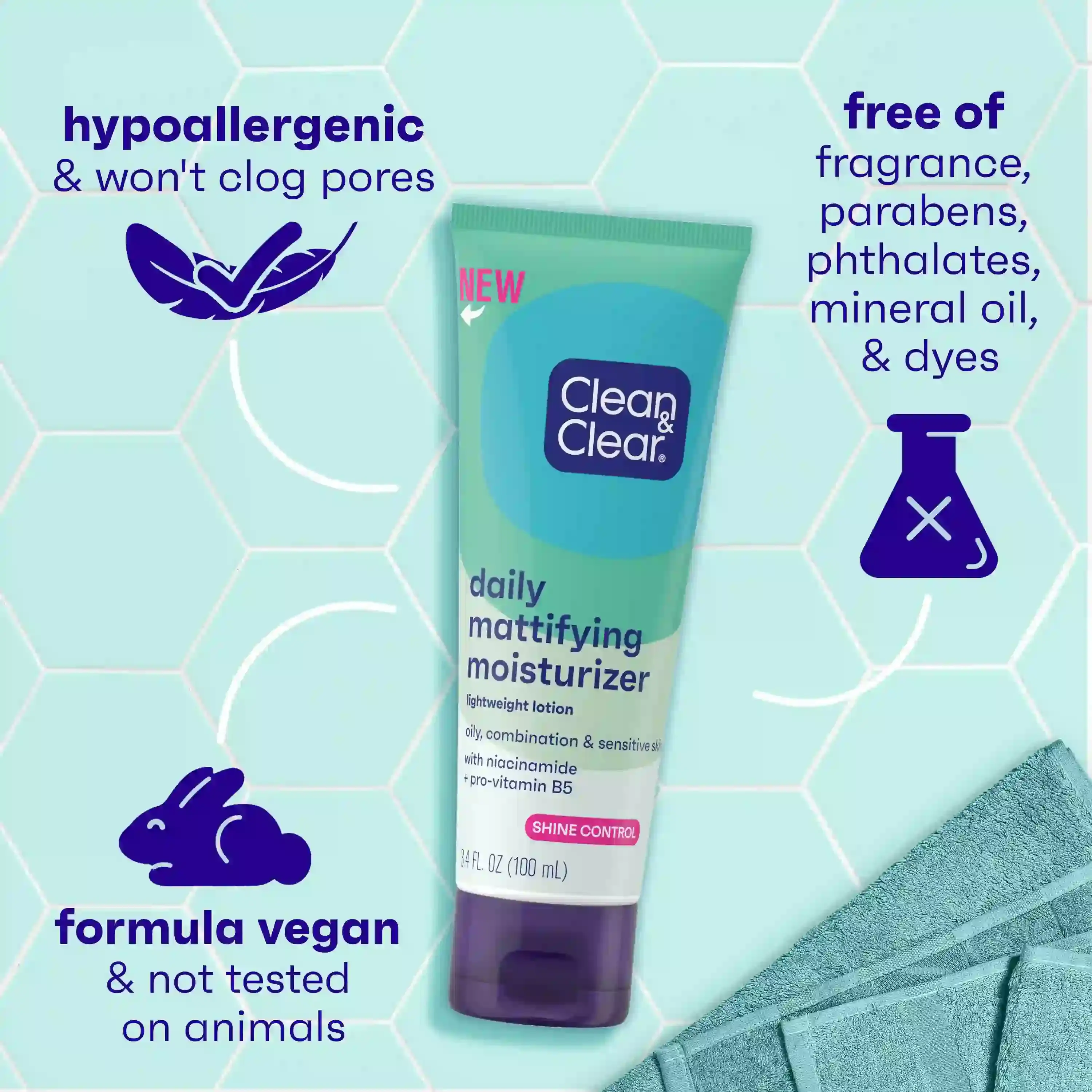 Clean & Clear® Daily Mattifying Moisturizer benefits: Hypoallergenic & won't clog pores, free of fragrance, parabens, pthalates, mineral oil & dyes. Formula vegan & not tested on animal