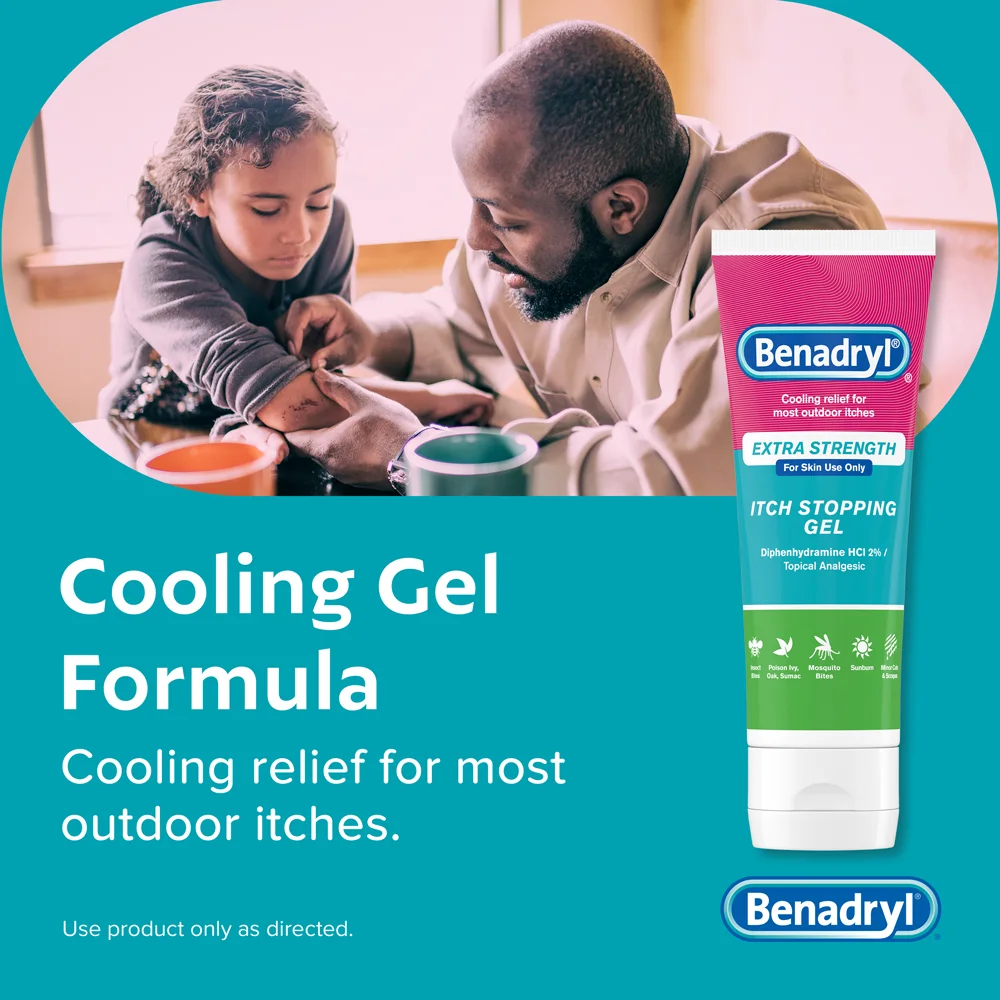 Person applying BENADRYL®  cooling gel to another person's arm with visible skin irritation. BENADRYL®  product packaging displayed.