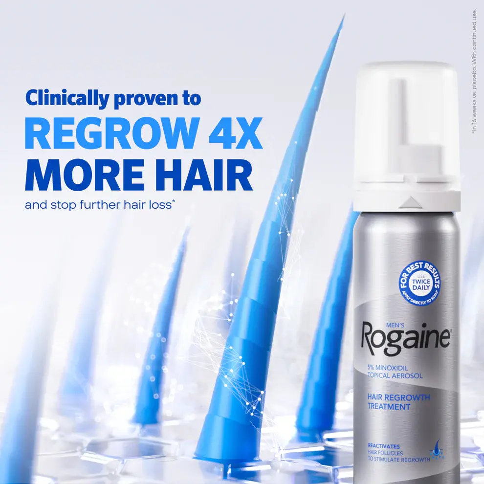 Bottle of Men’s Rogaine Foam and illustration of hair regrowth on a white background.