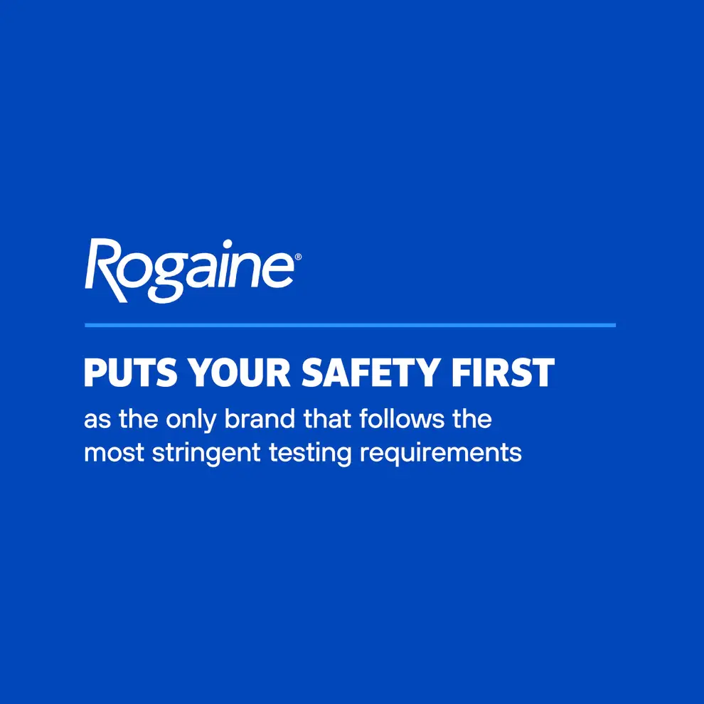 ROGAINE®’s commitment to stringent testing requirements on a blue background.