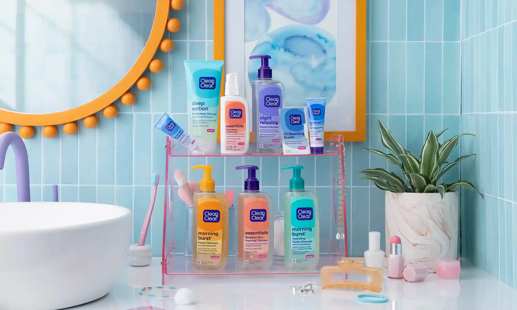 Collection of Clean & Clear® products in a well lit clean bathroom