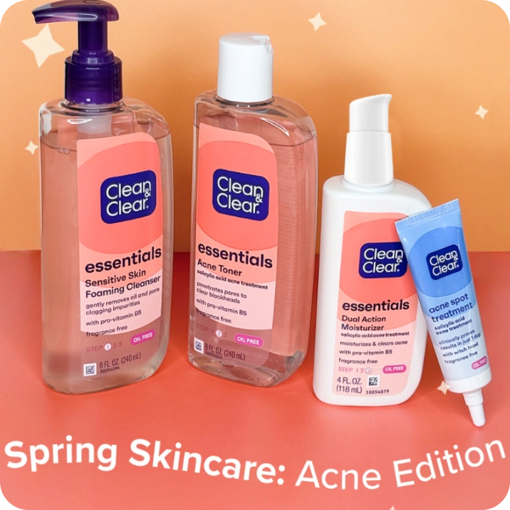  Clean & Clear® Spring Skincare: Acne Edition: Cleanse with essentials skin foaming cleanser. Treat with essentials acne toner, calm it with acne spot treatment, hydrate it with essentials dual action moisturizer