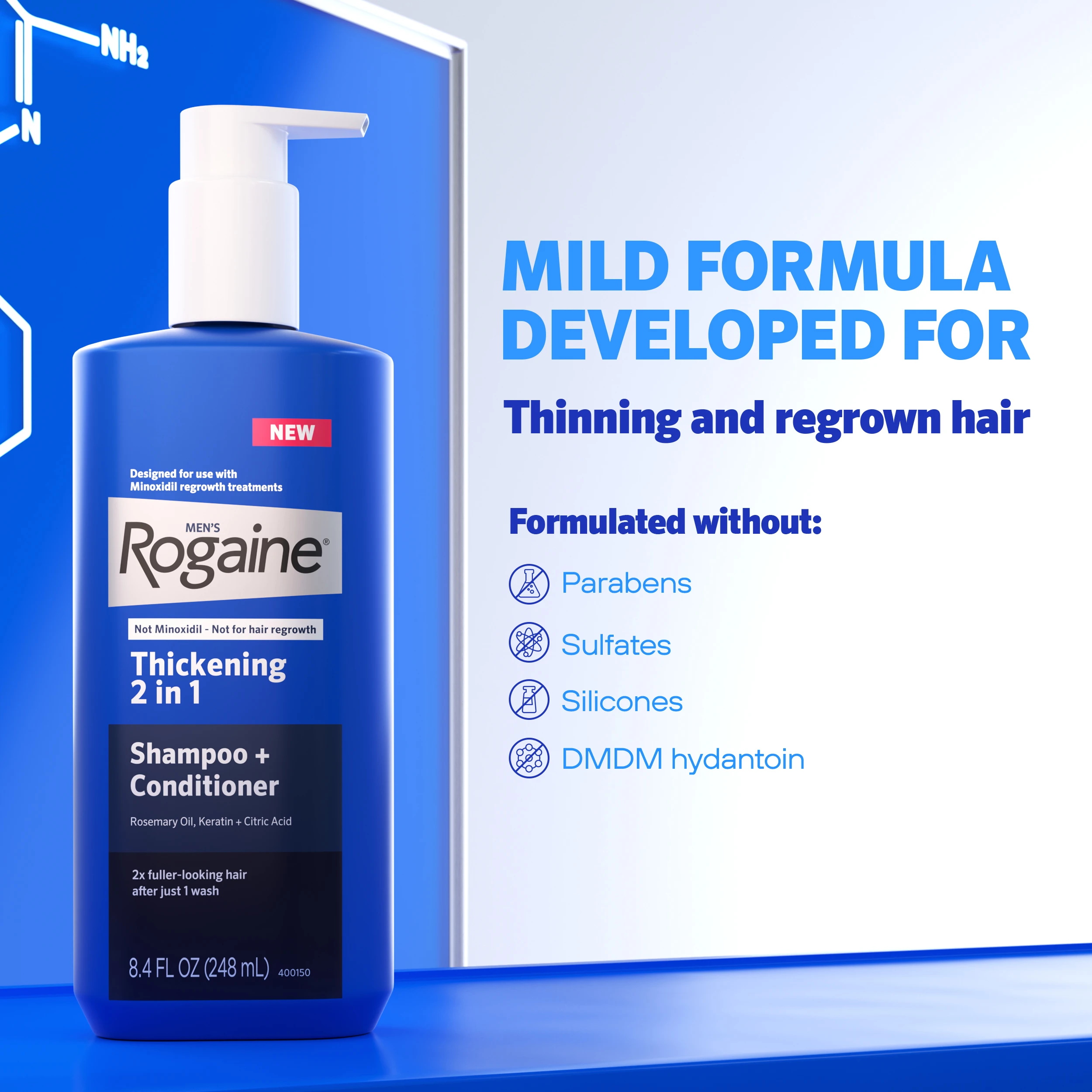 Image of Men's Rogaine Thickening 2 in 1 Shampoo + Conditioner on a blue Image of Men's Rogaine Thickening 2 in 1 Shampoo + Conditioner on a blue