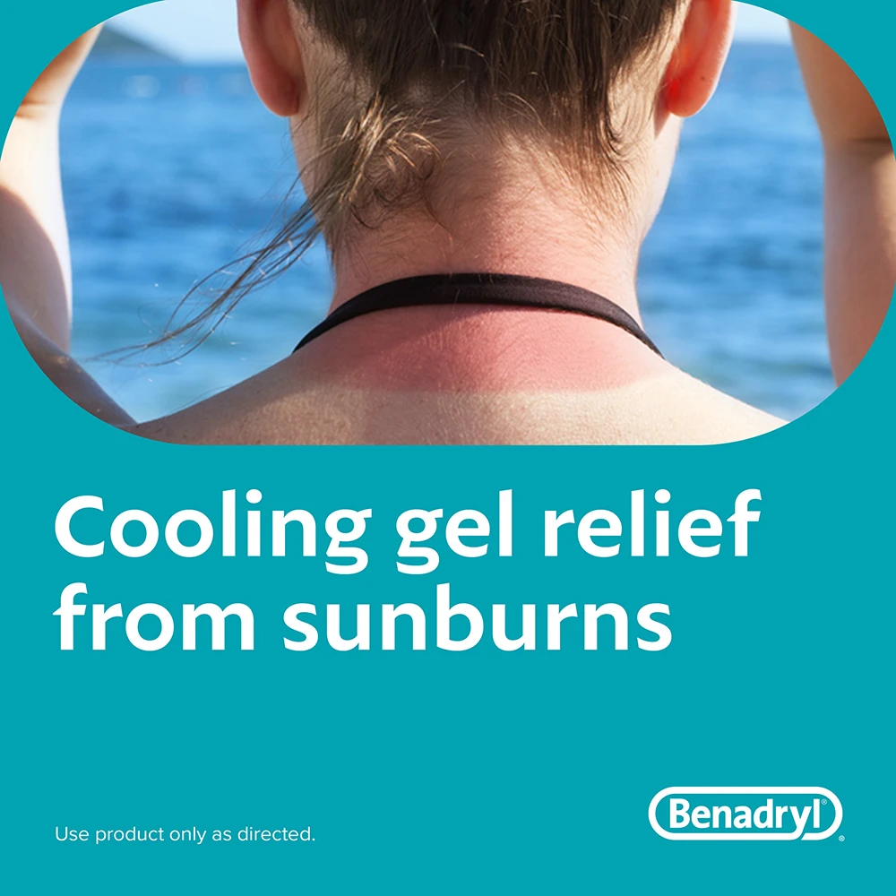 Person with sunburned shoulders at the beach, promoting BENADRYL®  cooling gel for sunburn relief. Text reads 'Cooling gel relief from sunburns'. 