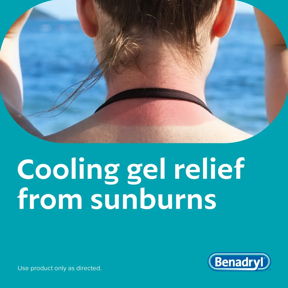 Person with sunburned shoulders at the beach, promoting BENADRYL®  cooling gel for sunburn relief. Text reads 'Cooling gel relief from sunburns'. 