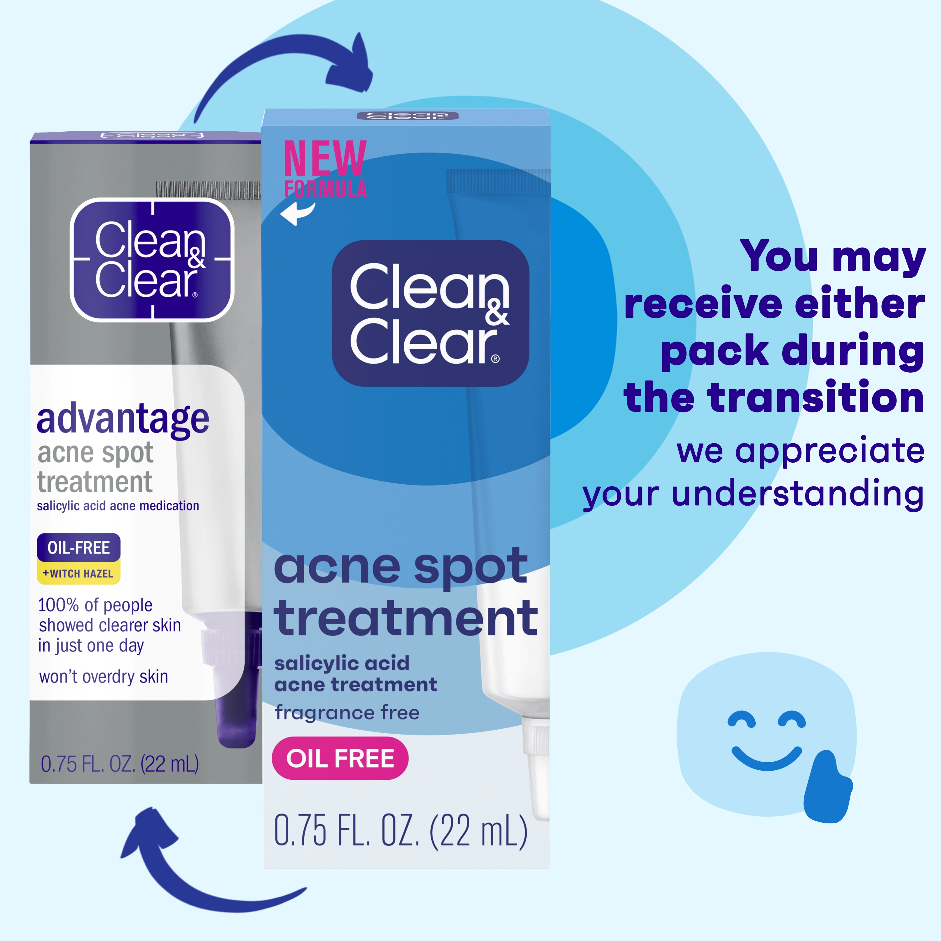 Two Clean & Clear acne spot treatment packages, one labeled "advantage" with witch hazel, the other "NEW FORMULA" fragrance-free. Text: "You may receive either pack during the transition, we appreciate your understanding."