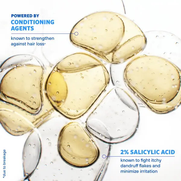 Golden and clear liquid droplets illustrating Conditioning Agents and 2% Salicylic Acid for scalp. Golden and clear liquid droplets illustrating Conditioning Agents and 2% Salicylic Acid for scalp.