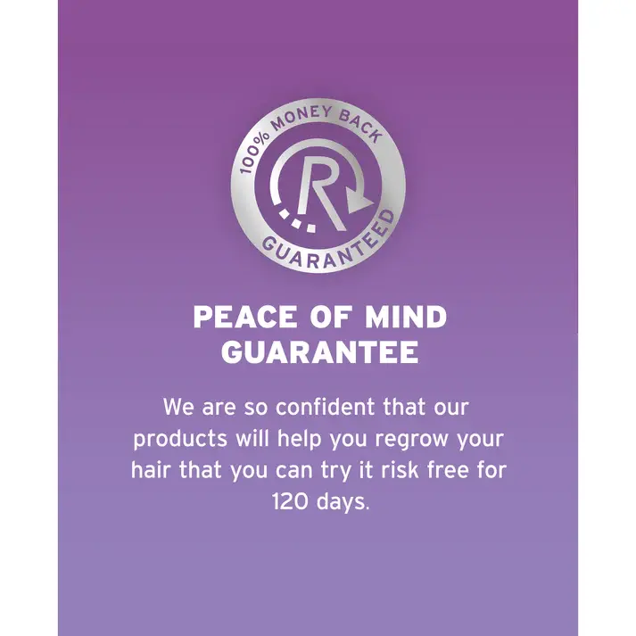 ROGAINE®’s 100% money back guarantee on a purple background.