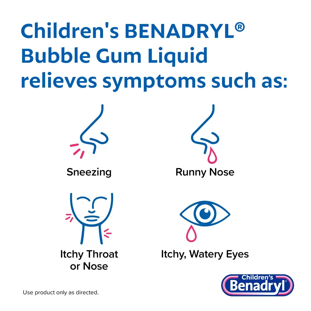 Children’s BENADRYL® Dye-Free Allergy Liquid bubble gum flavor relieves symptoms such as sneezing, itchy watery eyes, runny nose, itchy throat or nose, and  congestion.