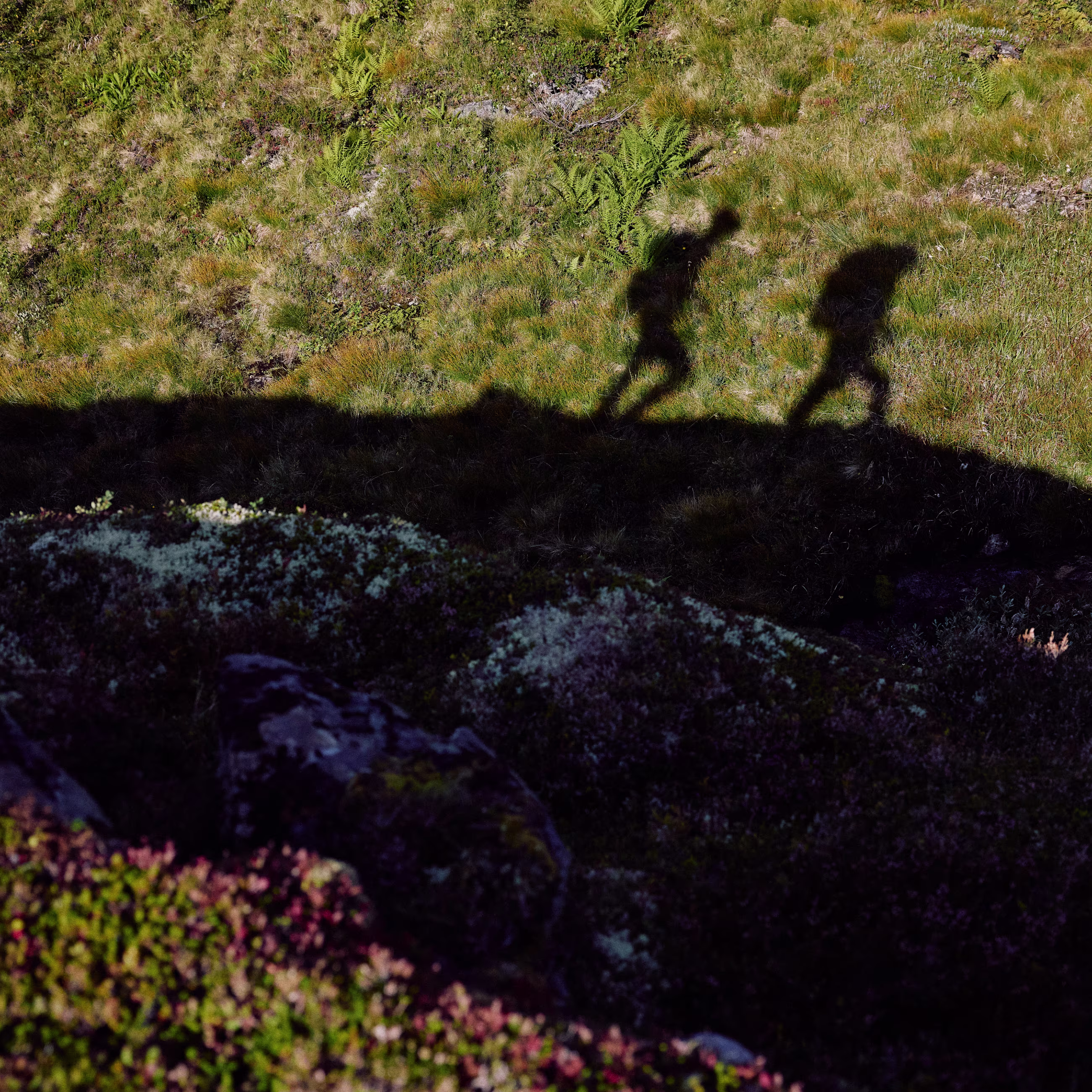 Two people standing on top of a rocky hill in the mountains.