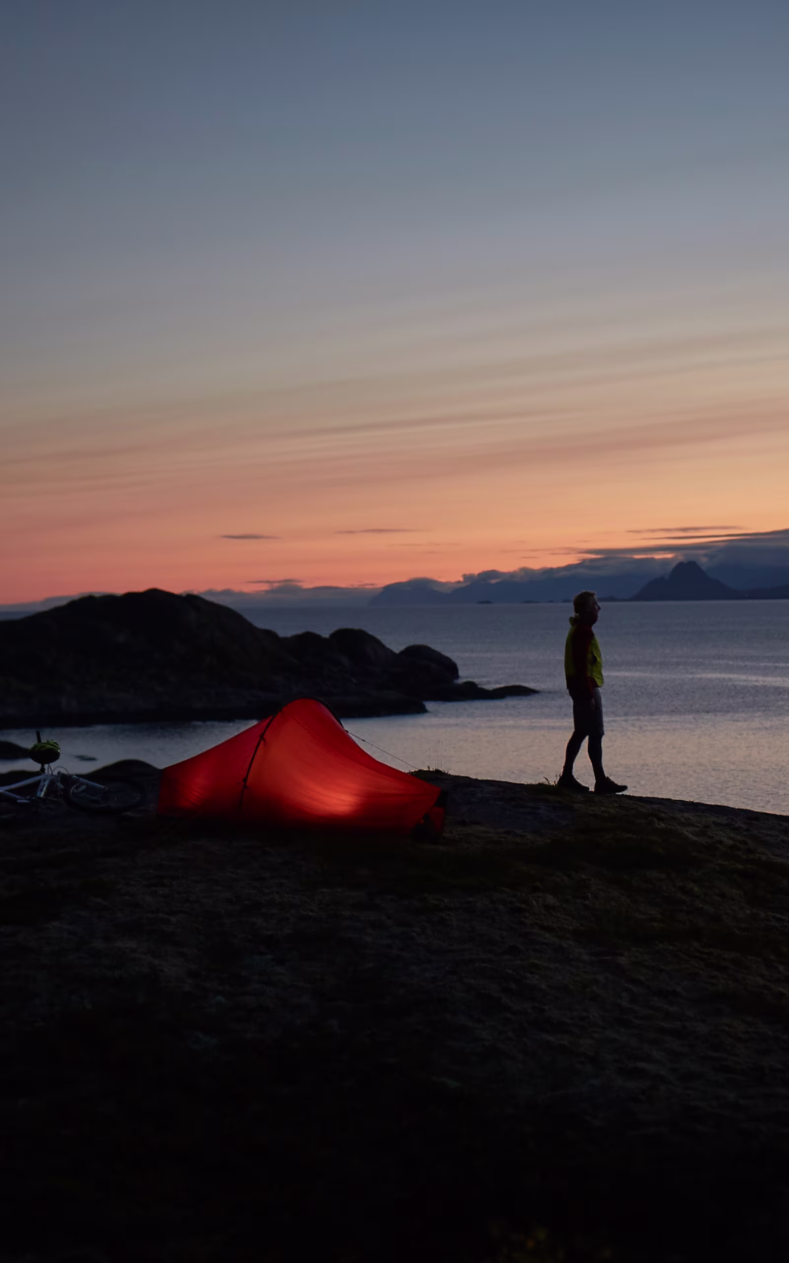 Watching the sunset with a tent and a Haglöfs sleeping bag