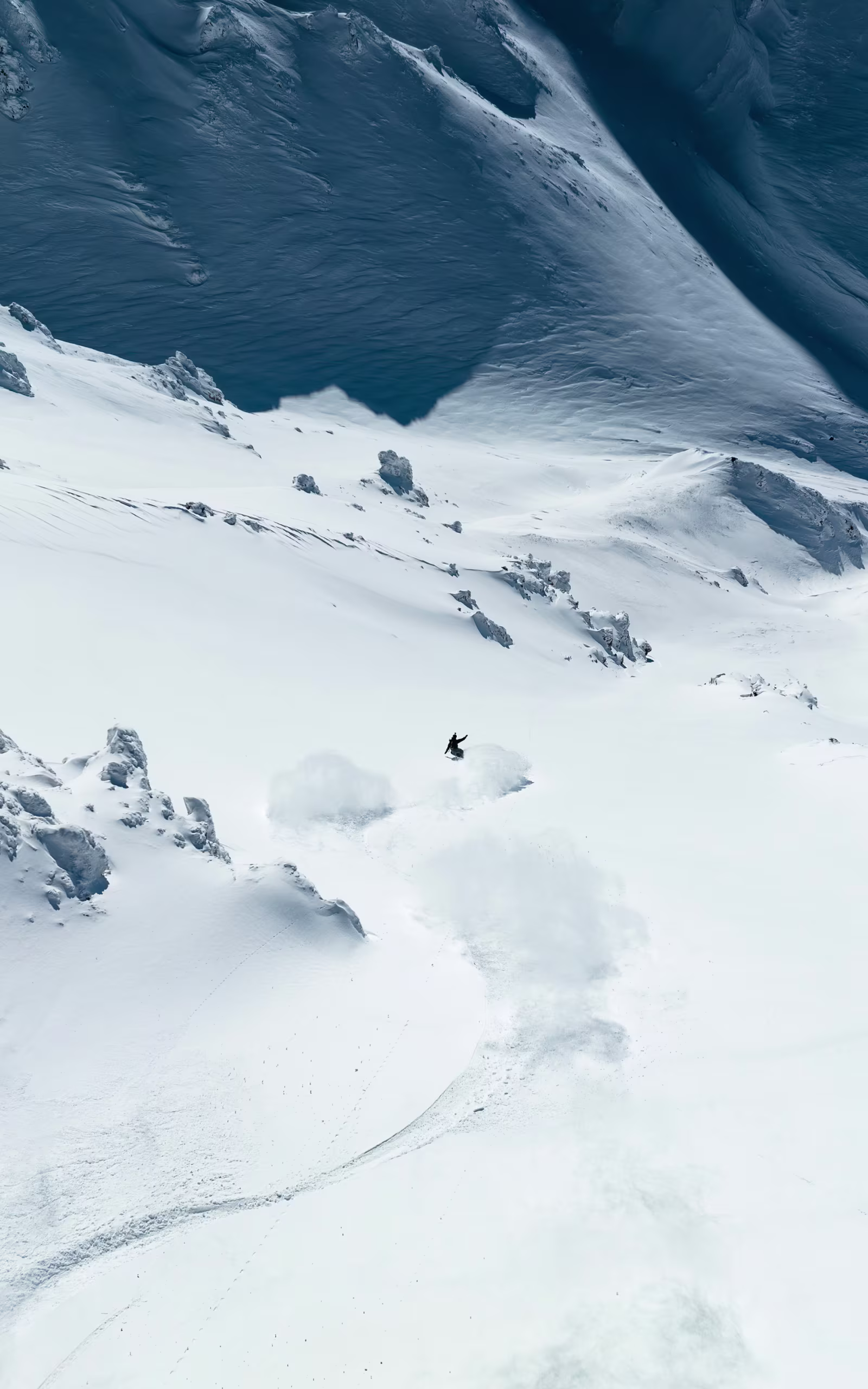 Skiing down crispy snow
