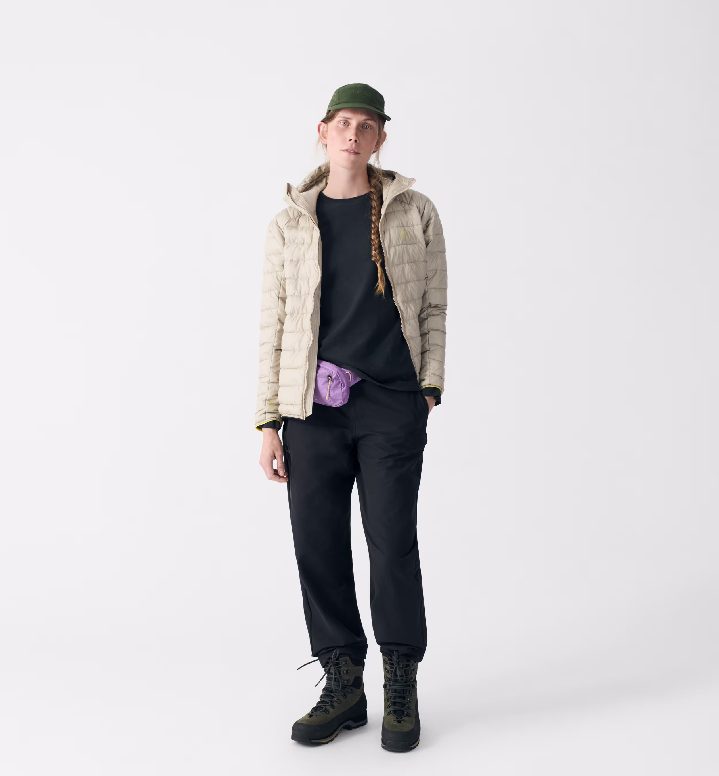 Female model wearing our Brand Mimic Hood Jacket.