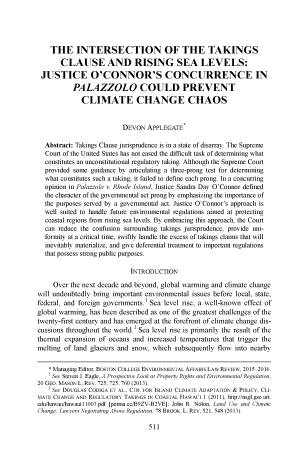 The Intersection of the Takings Clause and Rising Sea Levels: Justice O'Connor's Concurrence in Palazzo Could Prevent Climate Change Chaos