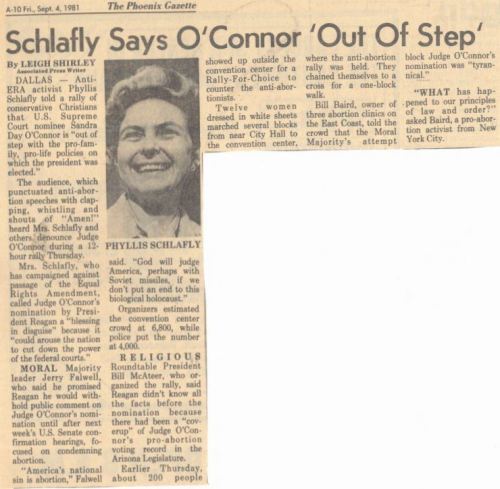 Schlafly Says O'Connor 'Out of Step'