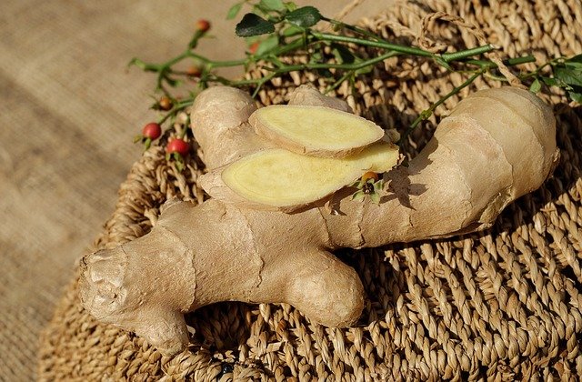Piece of ginger root with some slivers of ginger 