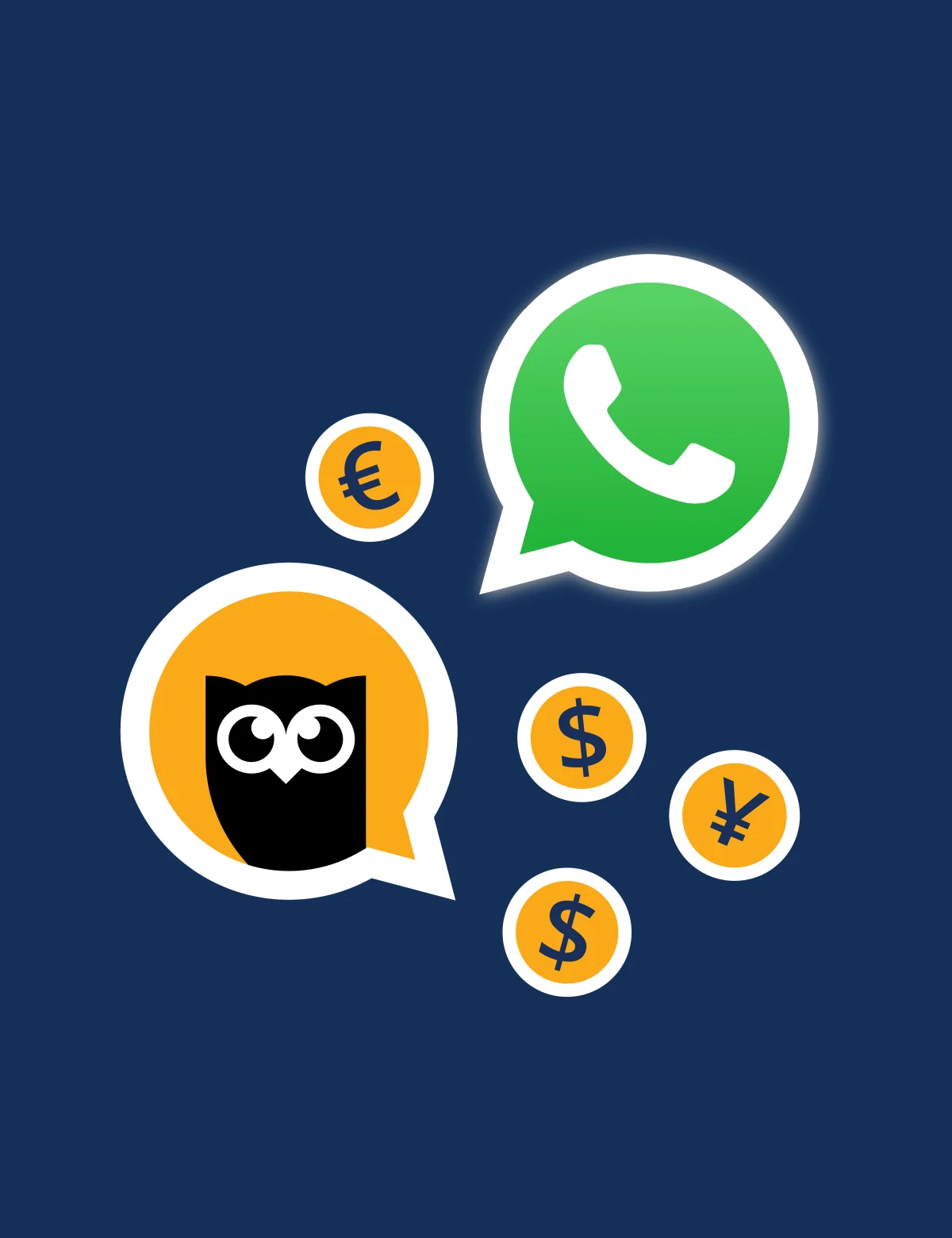 Speech bubbles with the hootsuite logo, a phone icon, and different currency symbols inside them