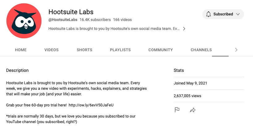 Hootsuite Labs YouTube channel description screenshot