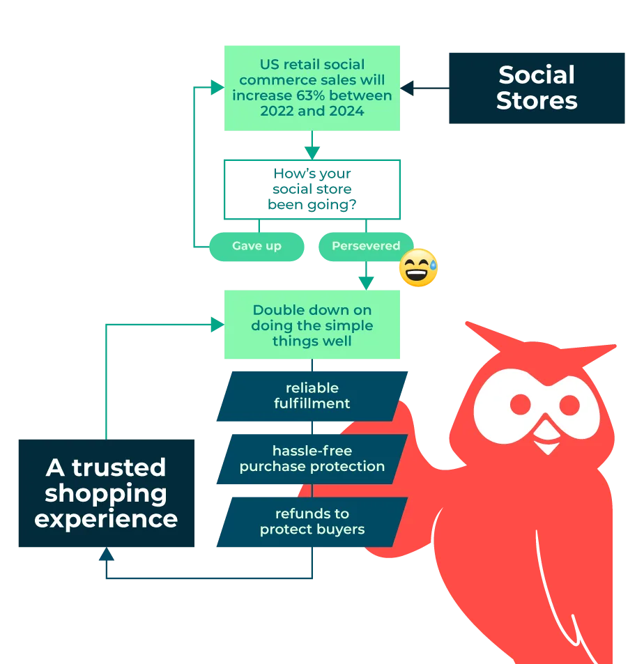 Owly next to Social Stores flowchart