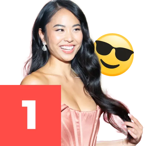 Woman next to smiling face with sunglasses emoji and the number one