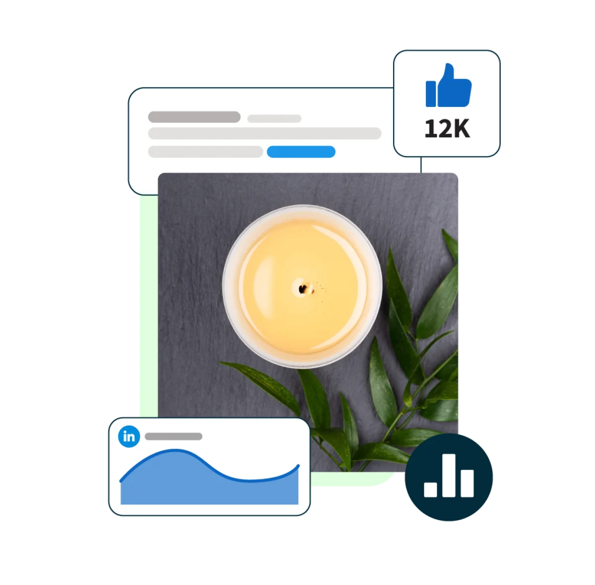 image of a candle with linkedin statistics pop-ups surrounding