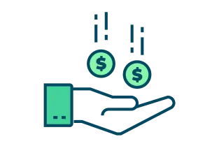 Graphic of hand catching coins with dollar signs