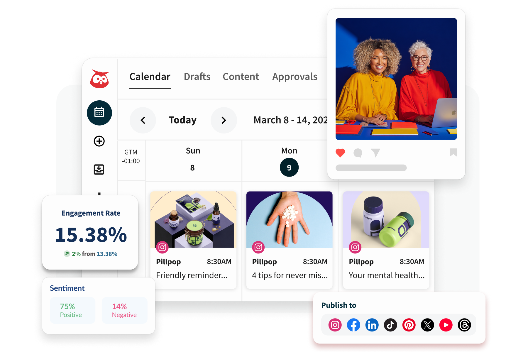 Hootsuite main dashboard showing multi-network content calendar with scheduled posts across Instagram, LinkedIn, and Twitter