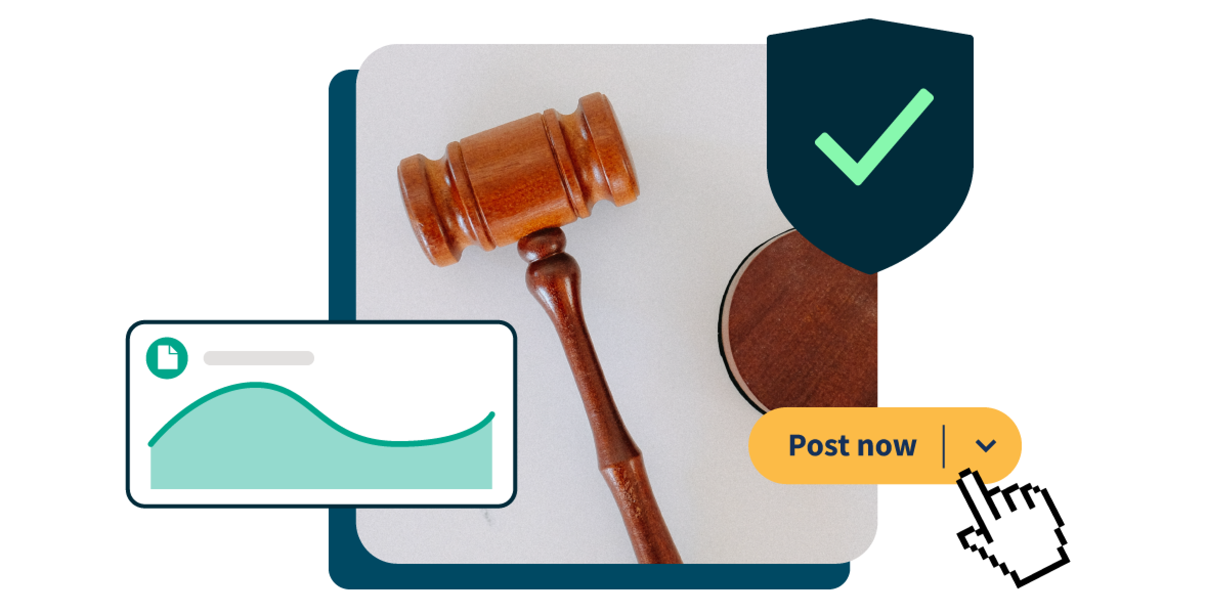 Image of a gavel with social media graphics
