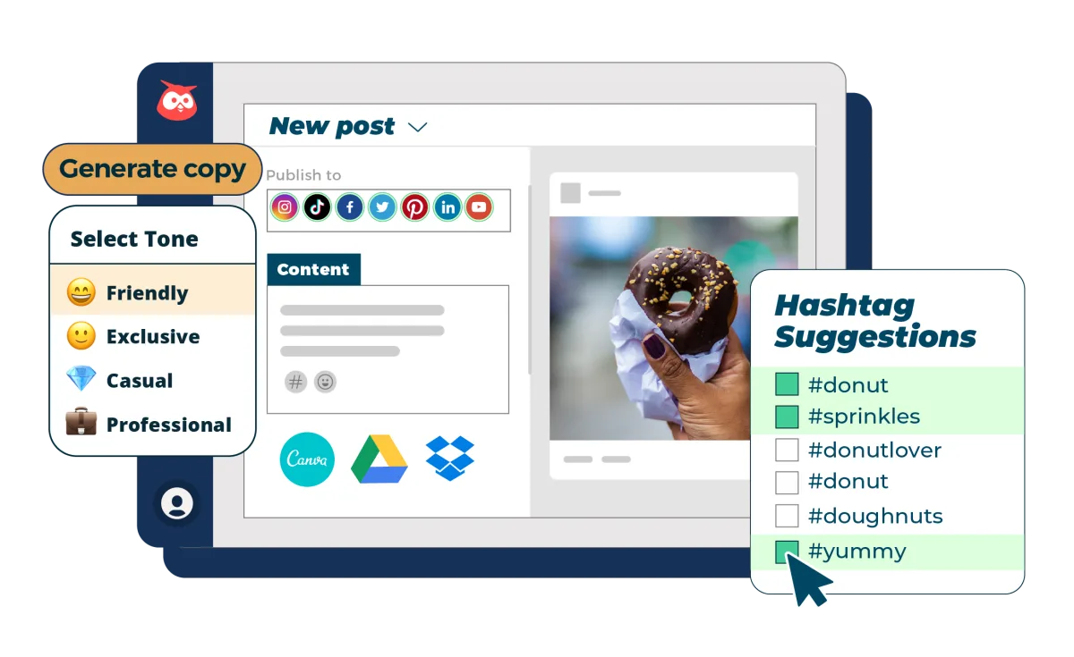 Transparent graphic depicting the Hootsuite dashboard with Composer, hashtag suggestions, and content ideas