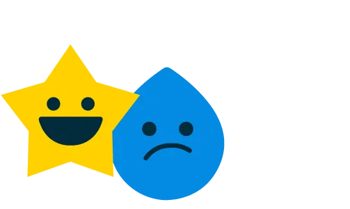 Cartoon gelber Stern mit Smiley und blauer Wassertropfen mit traurigem Gesicht