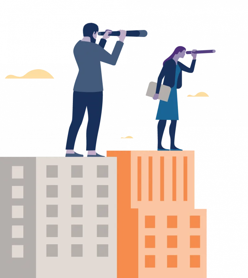 a graphic of a man and woman looking through binoculars on top of a building.