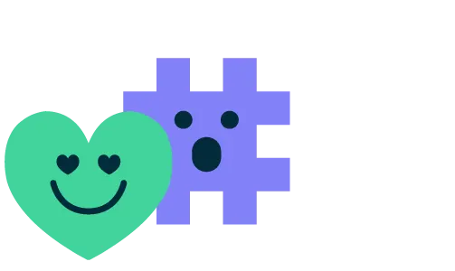 cartoon green heart with heart eyes, and purple hashtag with surprised expression